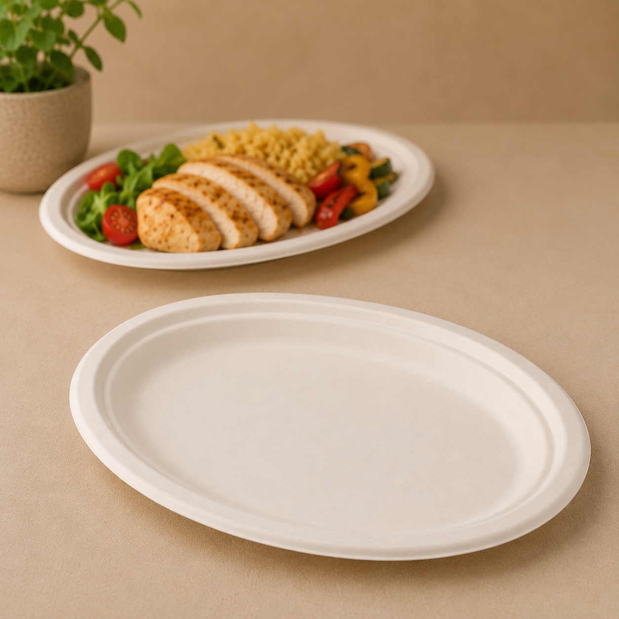 KOMP Cukornád natúr ovális papírtányér 25,4X19,05 cm, 125db/csomag termék fő termékképe