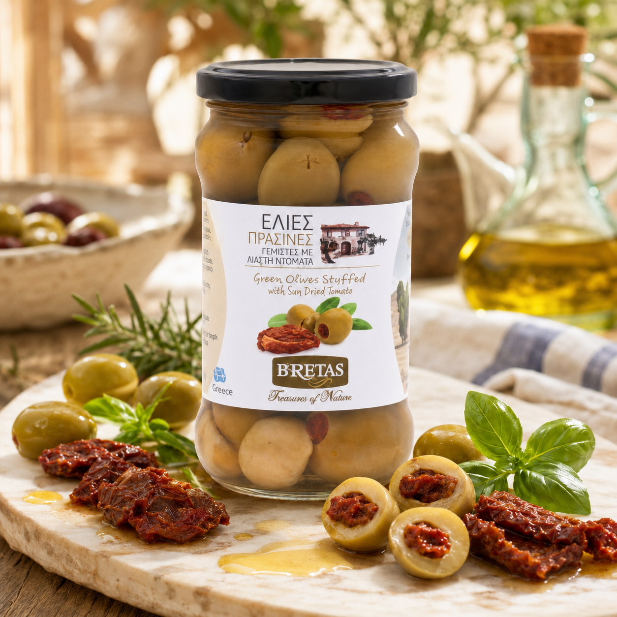BRETAS Olajbogyó - zöld, szárított paradicsommal töltött 290g/180g termék fő termékképe